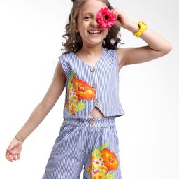 Ollington St. Woven Yarn Dyed Co-Ord Set Of Sleeveless Top & Shorts With Floral Print -Light Blue-image-43