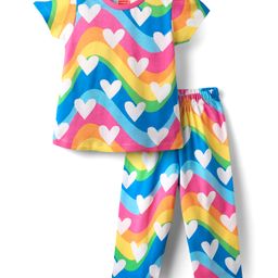 Babyhug Cotton Knit Half Sleeves Co-Ord Night Suit With Heart Print - Pink & Blue-image-93
