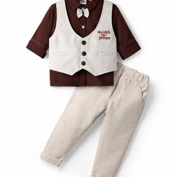 Mini Taurus Cotton Knit Full Sleeves 3 Piece Party Suit with Bow Detailing & Dad's Little Princess Embroidery - Beige & Brown-image-47