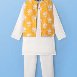Pine Kids Cotton Woven Full Sleeves Kurta Pajama Set With Floral Embroidered Jacket - White-image-72