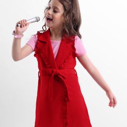 Hola Bonita Knit Half Sleeves T-Shirt & Solid Color Frock With Belt - Red-image-21