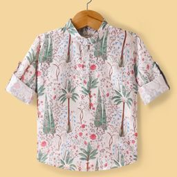 Dapper Dudes Full Sleeves Palm Trees Printed Kurta Style Shirt - Multi Colour-image-64