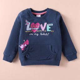 Simply Looper Knit Full Sleeves T-Shirt with Heart Print & Kangaroo Pocket - Navy Blue-picture-22