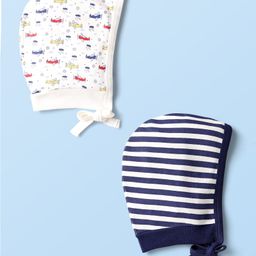 Doodle Poodle Interlock Cotton Knit Caps With Knot & Stripes & Aeroplane Print Pack Of 2 White & Navy Blue - Diameter 10.5 cm-image-66