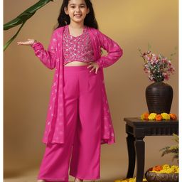 Fashion Dream Georgette Knit Threadwork Embroidered Sequins Embellished Crop Top & Palazzo With Full Sleeves Shrug Set - Rani-picture-43