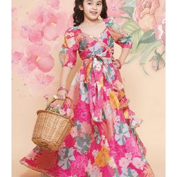 Bitiya By Bhama Silk Woven Three Fourth Puffed Sleeves Floral Printed Gota Lace & Sequins Embellished Lehenga Choli Set - Pink-image-38