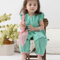 Tiber Taber Cotton Lurex Woven Frill Sleeves Foil Striped & Gota Lace Embellished Kurti Salwar With Dupatta Set - Green-image-30