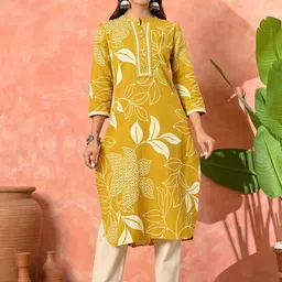 Sangria Floral Printed Mandarin Collar Sequinned Pure Cotton Straight Kurta With Trousers-image-6