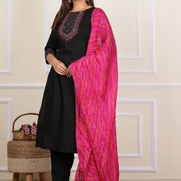 Indi INSIDE Women Solid Embroidered Regular Straight Kurta Trousers Dupatta-picture-11
