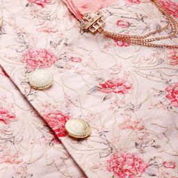 Manyavar Men Peach-Coloured & Off-White Solid Kurta Set with Nehru Jacket and Dupatta image 3