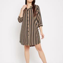 Clovia Beige & Black Striped Night Dress-image-36