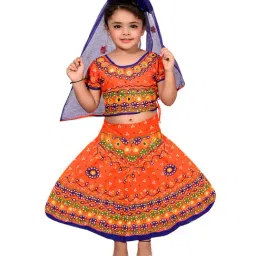 Ahhaaaa Kids Orange Embroidered Choli, Lehenga with Dupatta-image-22