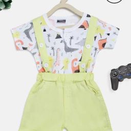 Li'l Tomatoes Kids White & Yellow Printed T-Shirt with Dungaree-image-26