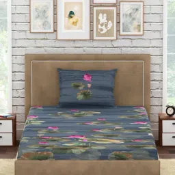 Petal Home Lotus Floral Blue 300 TC Cotton Single Bed Sheet with 1 Pillow Cover-image-38