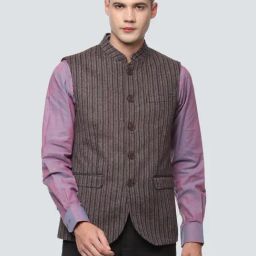 Louis Philippe Brown Striped Nehru Jacket-image-3