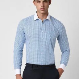 Van Heusen Blue Cotton Slim Fit Checks Shirts-image-99