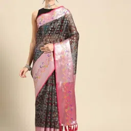 Silk Land Grey & Pink Silk Printed Saree With Unstitched Blouse-picture-29