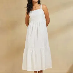 Fabindia White Cotton Regular Fit Embroidered Dress-image-10