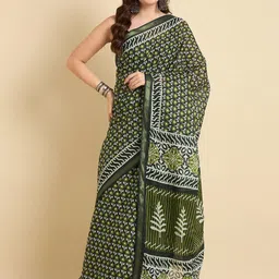 Anouk Rustic Floral Zari Block Print Saree-0
