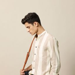 Mr Bowerbird Men Brown & Off White Tailored Fit Striped Cotton Linen Casual Shirt-14