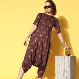 Sangria Brown & Golden Printed Drop-Crotch Capri Jumpsuit-picture-31