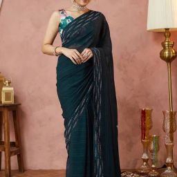 Satrani Teal Georgette Embellished Saree With Unstitched Blouse-image-77