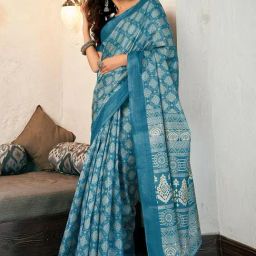 Satrani Blue Printed Saree With Unstitched Blouse-picture-1