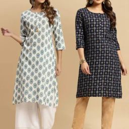 Rangita White & Navy Floral Print Straight Kurta - Pack OF 2-image-49