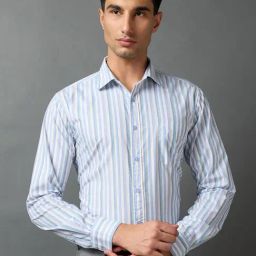 Daniel Hechter Blue Cotton Blend Regular Fit Stripes Formal Shirt-image-41