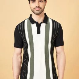 People By Pantaloons Snow White Cotton Slim Fit Striped Polo T-Shirt-image-49