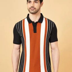 People By Pantaloons Leather Brown Cotton Slim Fit Striped Polo T-Shirt-image-43