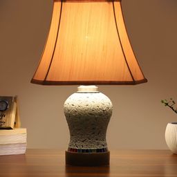 Devansh Off White & Green Printed Wooden Frustum Shaped Table Lamp With Mosaic Glass Base image 5