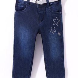 Babyhug Cotton Washed Denim Full Length Jeans With Belt Star Embroidery- Dark Blue-image-19