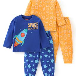 Babyhug Interlock Cotton Knit Full Sleeves Night Suit Space Print Pack of 2 - Blue & Orange-picture-5