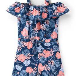 Babyhug Cotton Jersey Knit Cold Shoulder Sleeves Jumpsuit with Bow Applique Leaf Print - Navy Blue-image-44