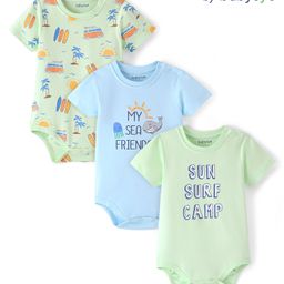 Babyoye 100% Cotton Interlock Knit Half Sleeves Onesies With Text Print Pack Of 3 - Green & Blue-image-12