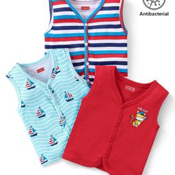 Babyhug 100% Cotton Knit Sleeveless Striped & Tiger Printed Anti Bacterial Front Open Vests Pack of 3 - Blue & Red-image-72
