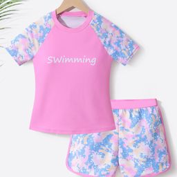 Pine Active Half Sleeves Two Piece Swimsuit with Abstract Print -  Pink-23
