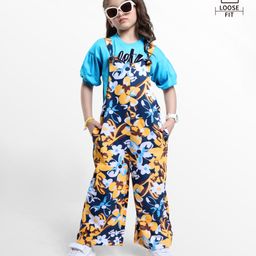 Ollington St. Cotton Knit Floral Printed Dungree & Full Drop Shoulder Sleeves Top with Text Print - Blue & Yellow-image-74