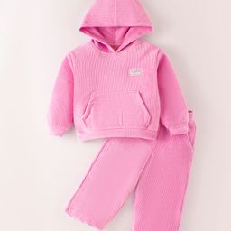 Little Kangaroos Fleece Knit Full Sleeves Winter Wear Suit with Patch Detailing & Kangaroo Pockets - Pink-image-51