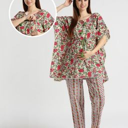 True Shape Cotton Half Batwing Sleeves Floral Printed & Lace Embellished Coordinating Maternity Kaftan Kurta With Nursing Access & Pant Set - Fuchsia Pink-image-26