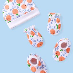 Babyhug 100% Cotton Cap Mittens & Booties Set With Orange Print - White-image-23