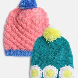 MayRa Knits Pack Of 2 Hand Knitted Floral Crochet Designed & Pom Pom Embellished Caps - Pink & Green-picture-5