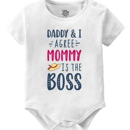 Baby Buzz 100% Cotton Family Theme Half Sleeves Daddy & I Agree Mommy Is The Boss Text Printed Onesie - White-image-53