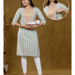Dummy Shape Three Fourth Sleeves Striped Maternity Kurta With Nursing Access - Green-12