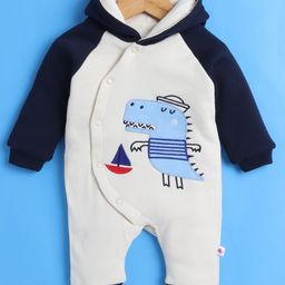 BUMZEE Cotton Knit Full Raglan Sleeves Front Open Hooded Romper with Dino & Ship Embroidery - Navy Blue & White-image-58