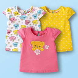 Babyhug Cotton Knit Cap Sleeves T-Shirts with Bear Print Pack of 3 - Pink White & Yellow-image-16