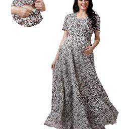 Mom for sure by Ketki Dalal Knitted Half Sleeves Leopard Printed Maternity Dress With Nursing Access - White-image-22