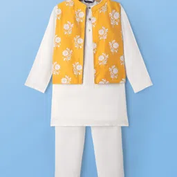 Pine Kids Cotton Woven Full Sleeves Kurta Pajama Set With Floral Embroidered Jacket - White-picture-0