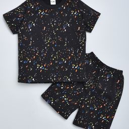 Kiwi Cotton Half Sleeves Colour Splash Printed Tee With Coordinating Shorts Set - Black-image-62